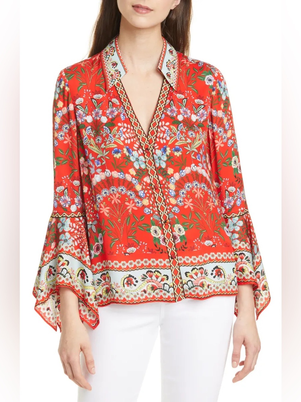 Alice + Olivia Randa Mix Floral Trumpet Sleeve Blouse Small